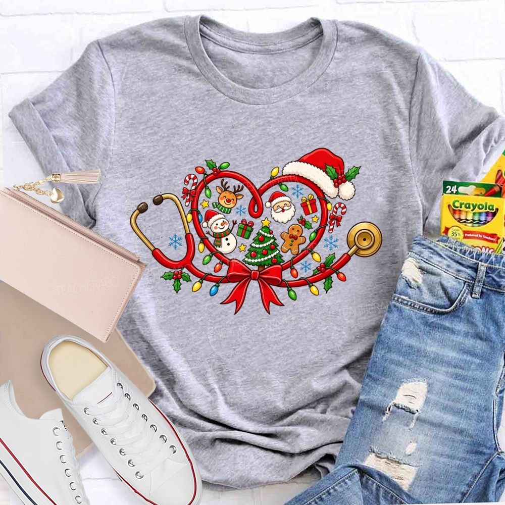 Christmas Heart Stethoscope Santa Snowman Nurse T-shirt