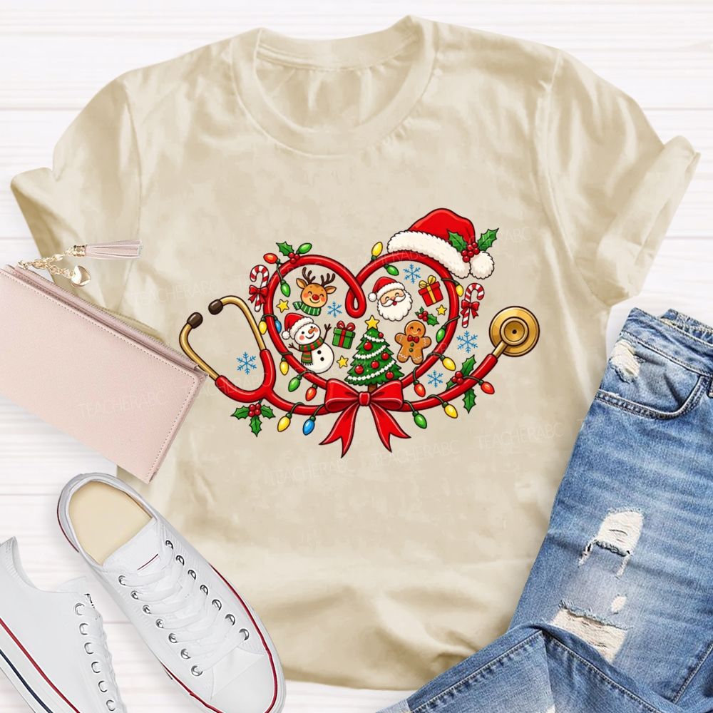 Christmas Heart Stethoscope Santa Snowman Nurse T-shirt
