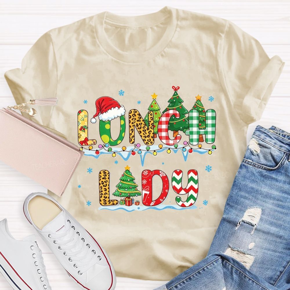 Christmas Lunch Lady Retro Patterned Letter T-shirt