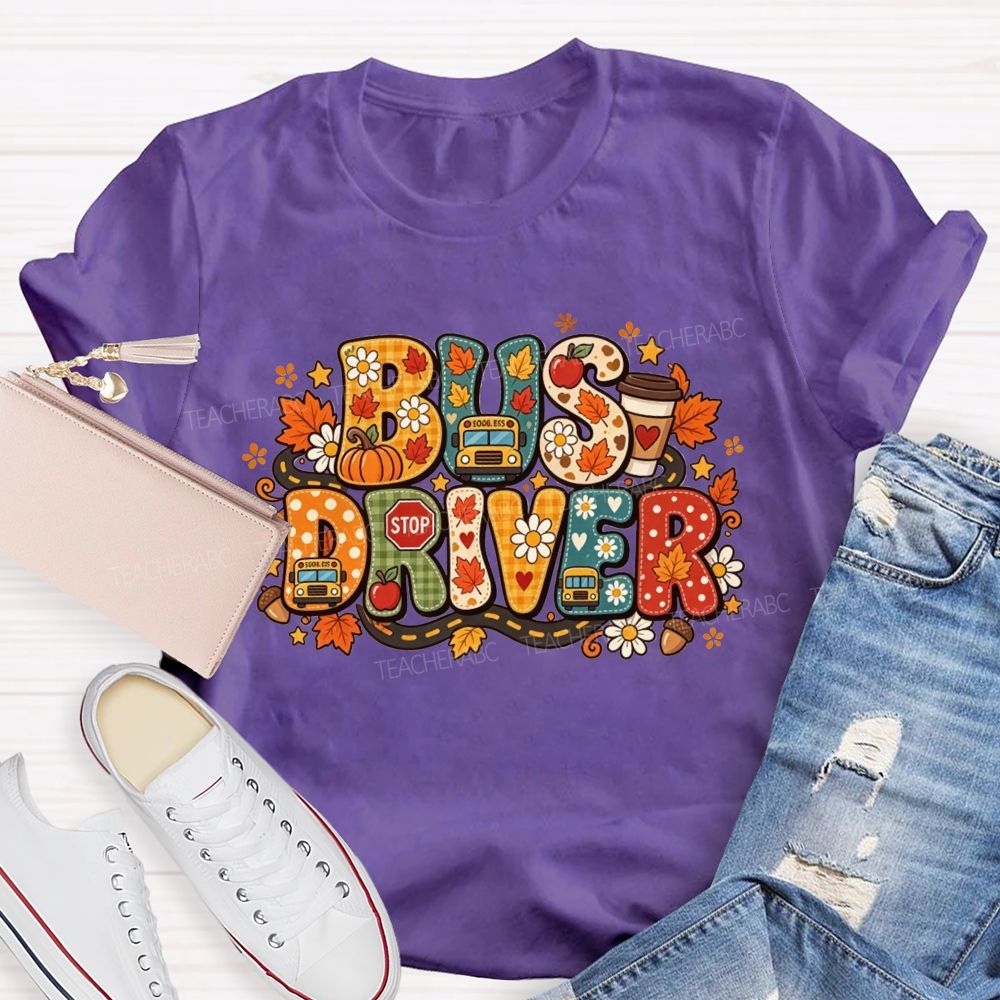 Fall Bus Driver Retro Letter Autumn School Bus T-shirt