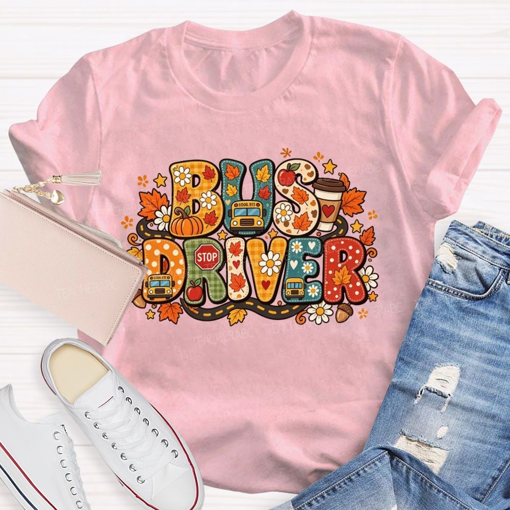 Fall Bus Driver Retro Letter Autumn School Bus T-shirt