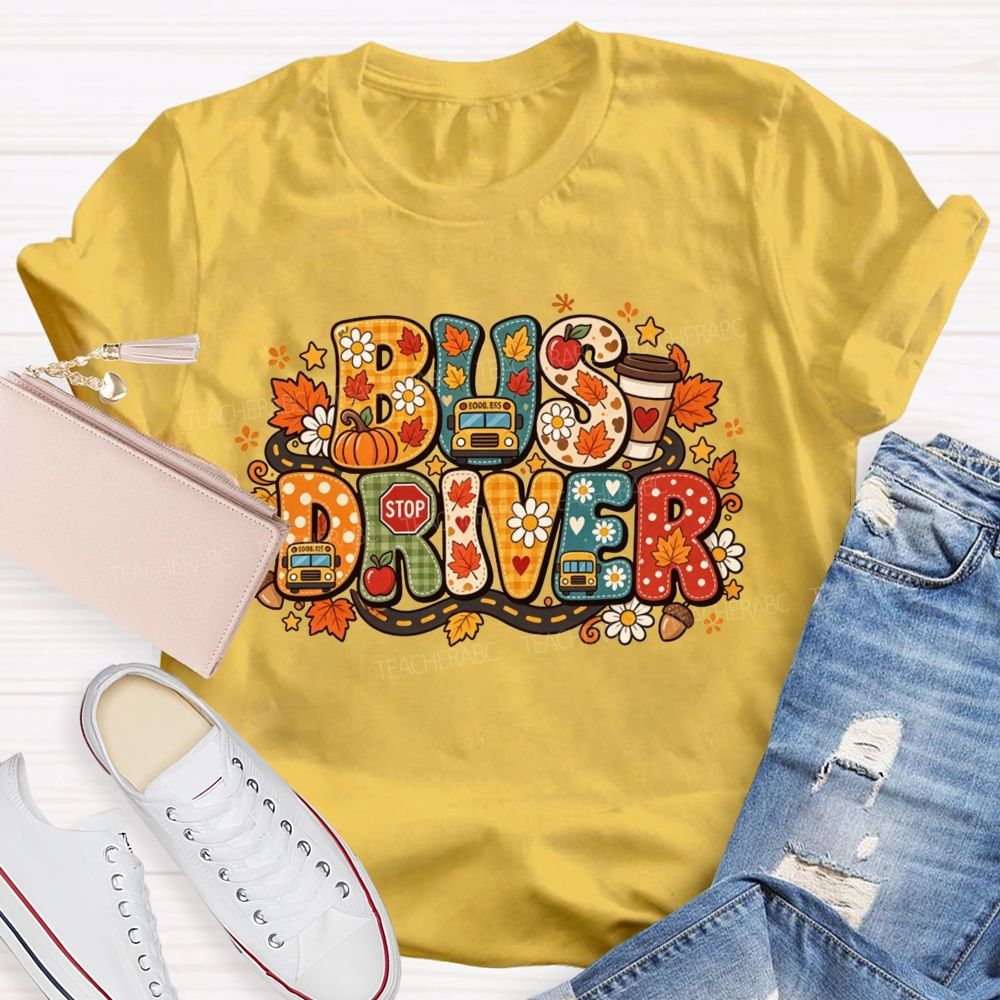 Fall Bus Driver Retro Letter Autumn School Bus T-shirt