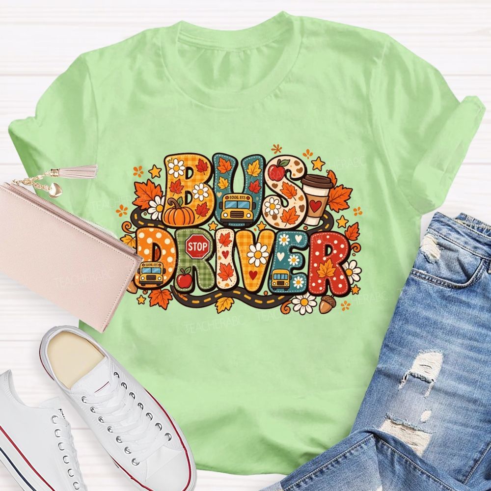 Fall Bus Driver Retro Letter Autumn School Bus T-shirt