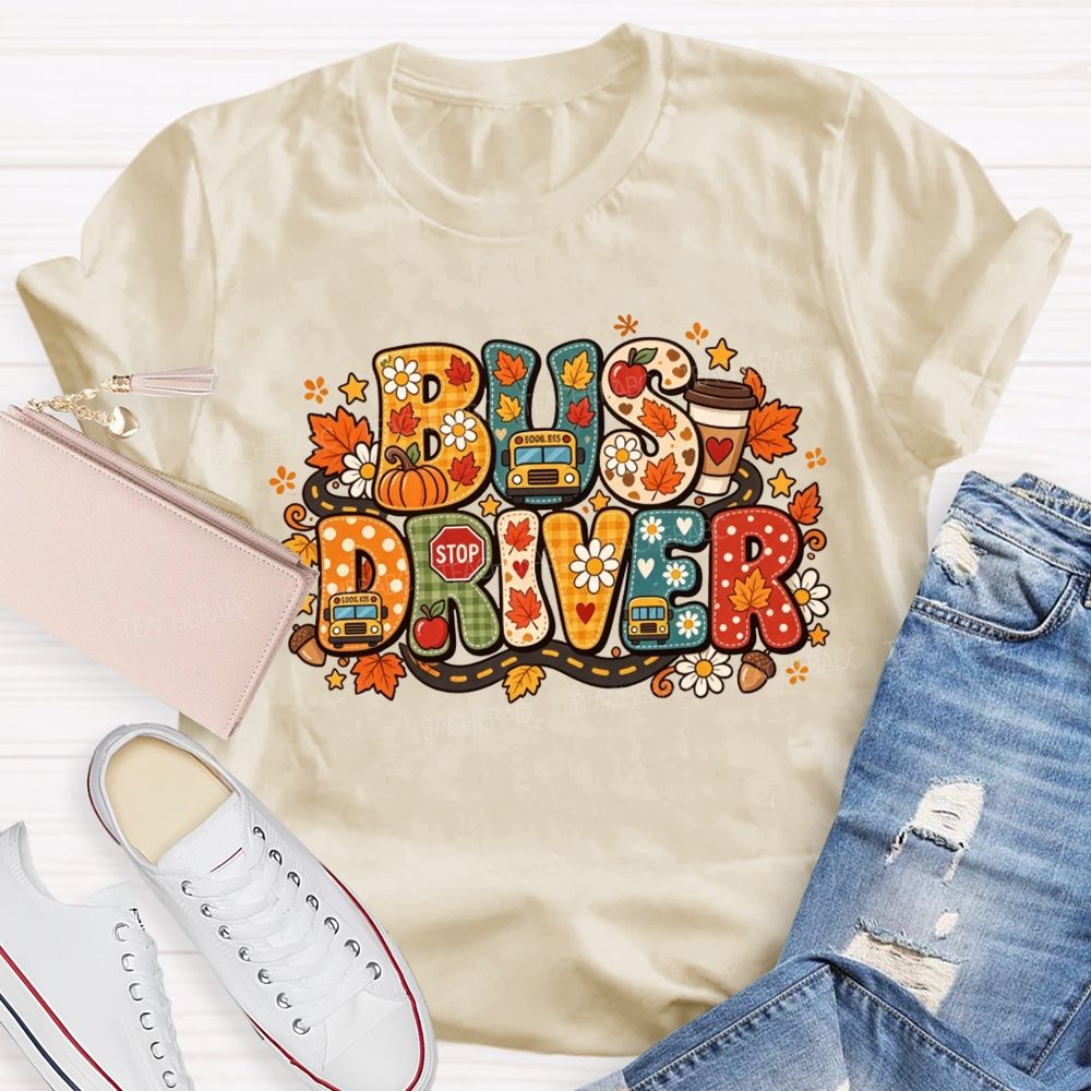 Fall Bus Driver Retro Letter Autumn School Bus T-shirt
