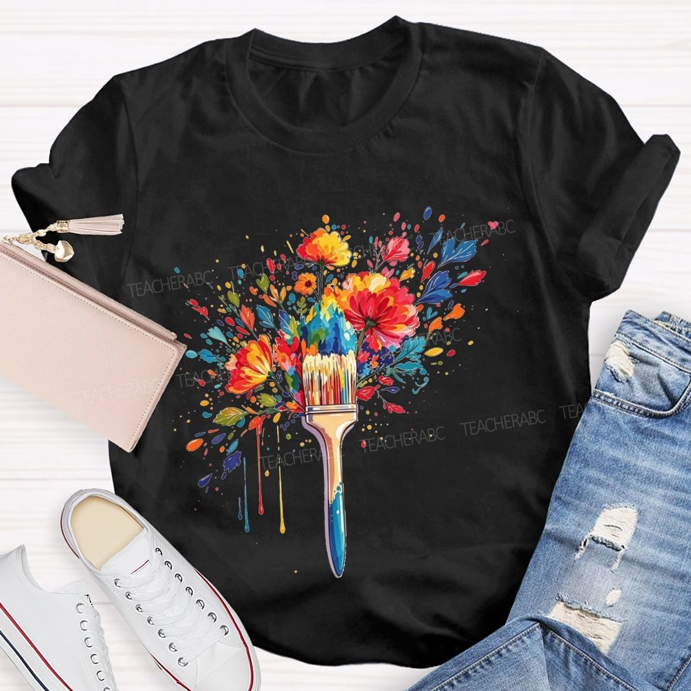 Colorful Paintbrush Blooming With Flowers For Art Teacher T-shirt