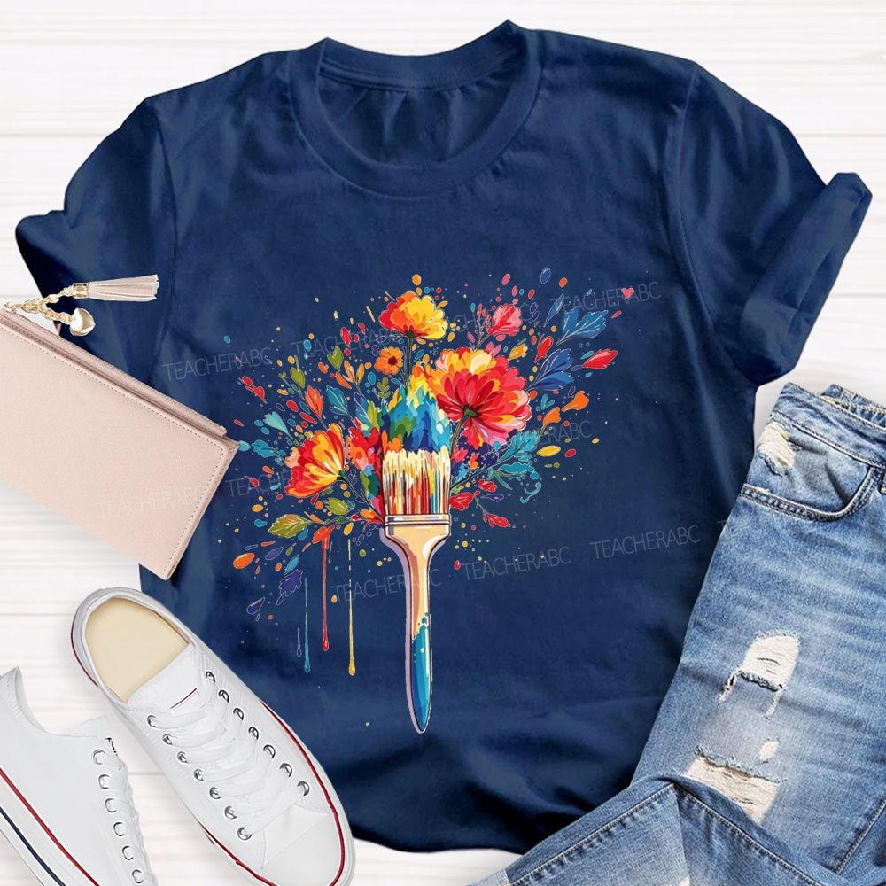 Colorful Paintbrush Blooming With Flowers For Art Teacher T-shirt