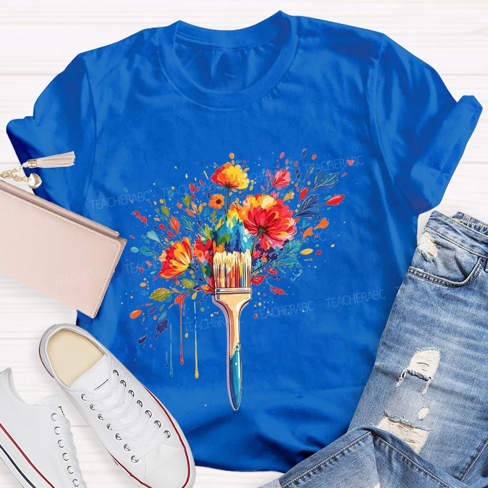 Colorful Paintbrush Blooming With Flowers For Art Teacher T-shirt