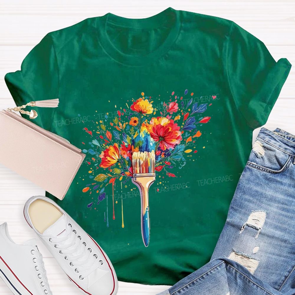 Colorful Paintbrush Blooming With Flowers For Art Teacher T-shirt