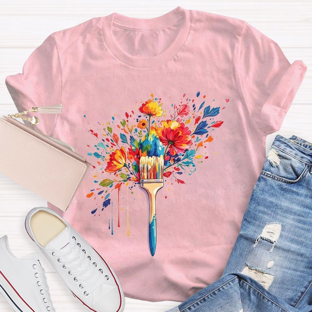 Colorful Paintbrush Blooming With Flowers For Art Teacher T-shirt