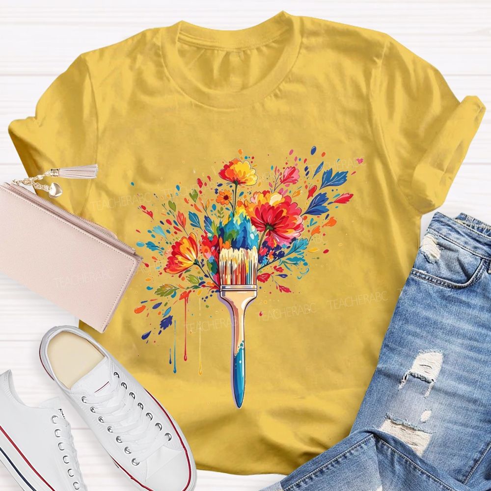 Colorful Paintbrush Blooming With Flowers For Art Teacher T-shirt