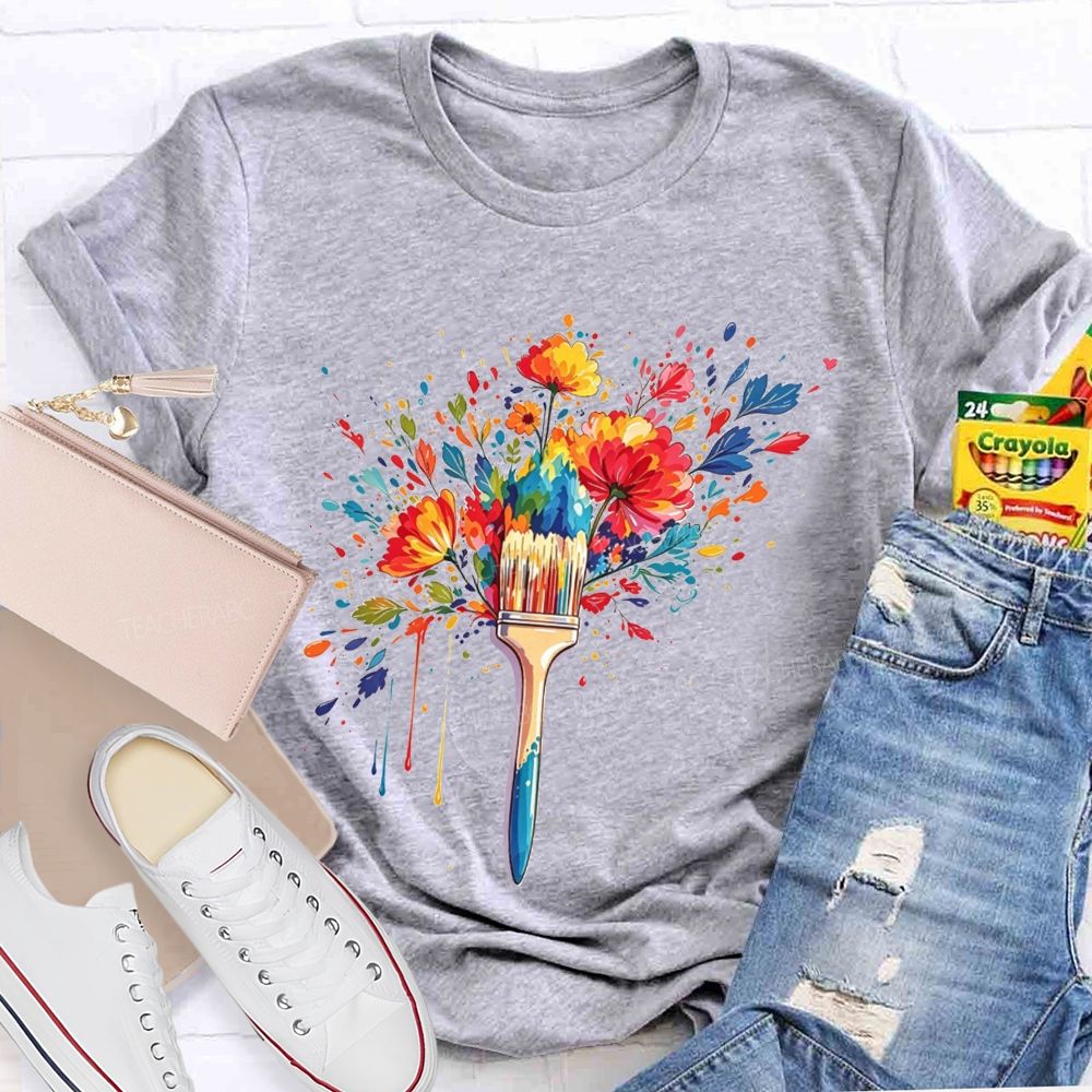 Colorful Paintbrush Blooming With Flowers For Art Teacher T-shirt