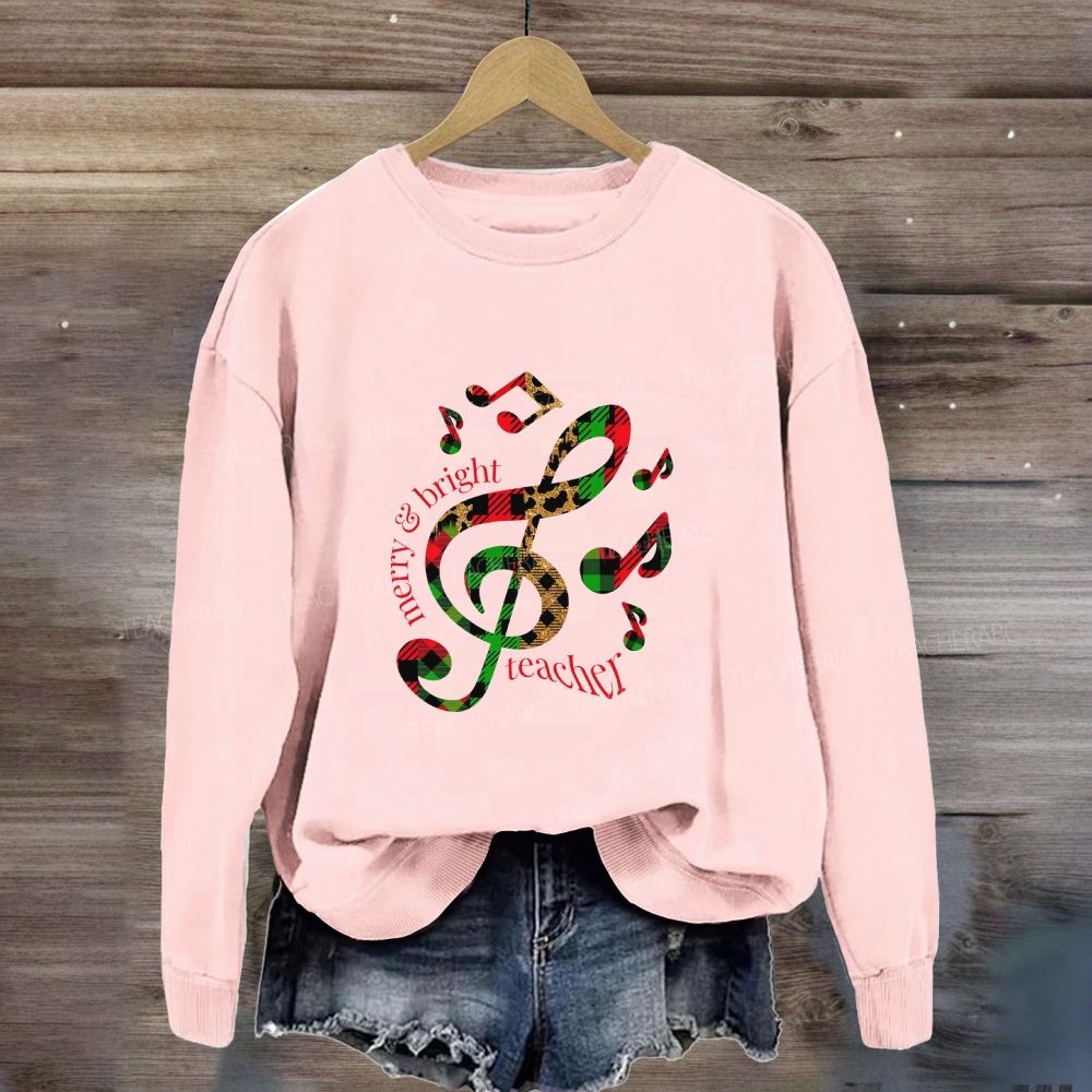 Merry And Bright Music Teacher Leopard Plaid Holiday Sweatshirt