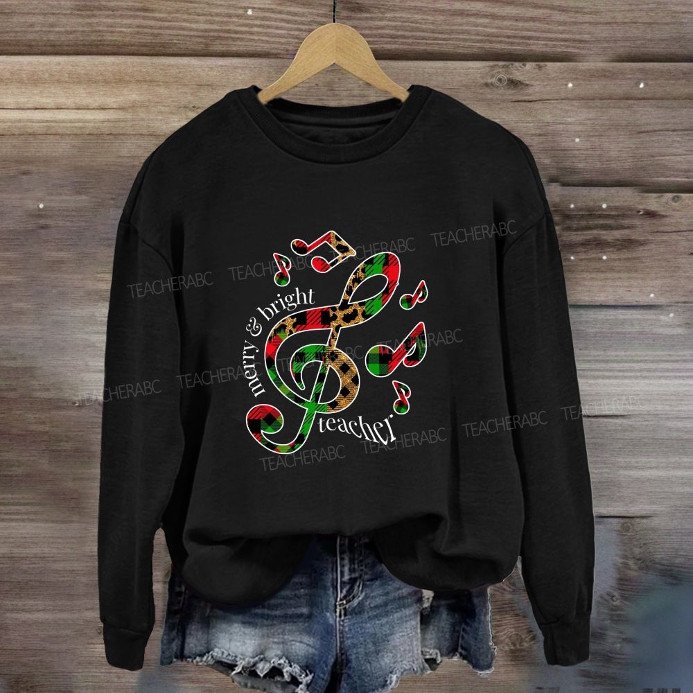 Merry And Bright Music Teacher Leopard Plaid Holiday Sweatshirt