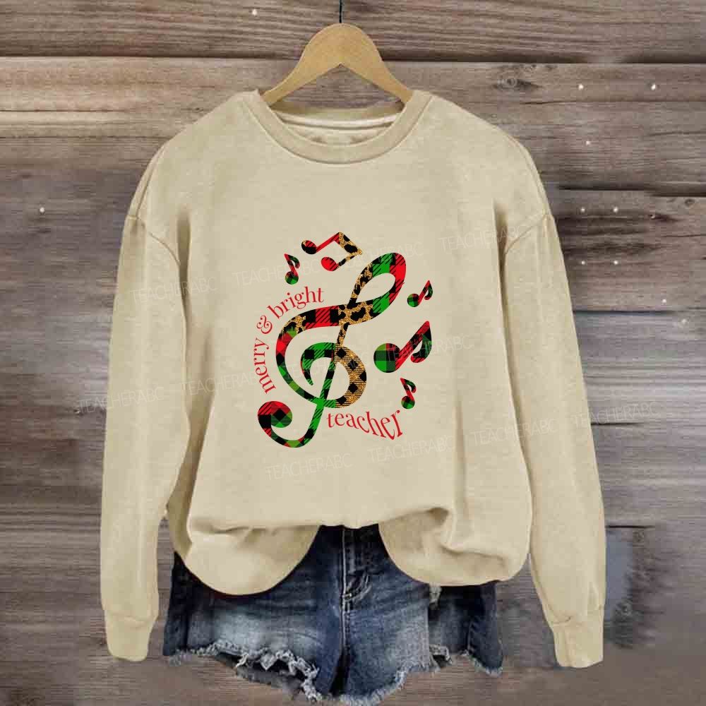 Merry And Bright Music Teacher Leopard Plaid Holiday Sweatshirt