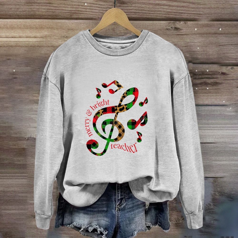 Merry And Bright Music Teacher Leopard Plaid Holiday Sweatshirt
