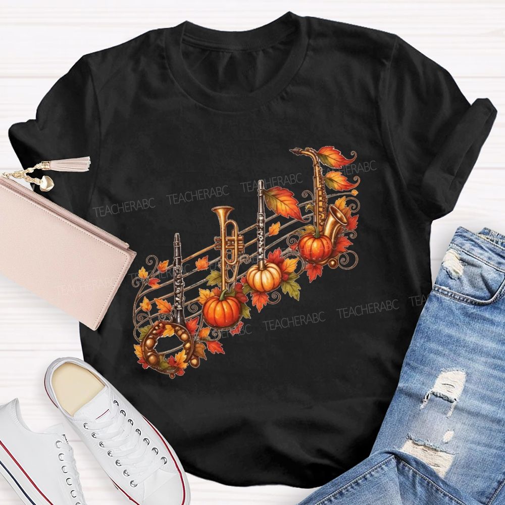 Autumn Pumpkin Maple Leaf Music Teacher T-shirt