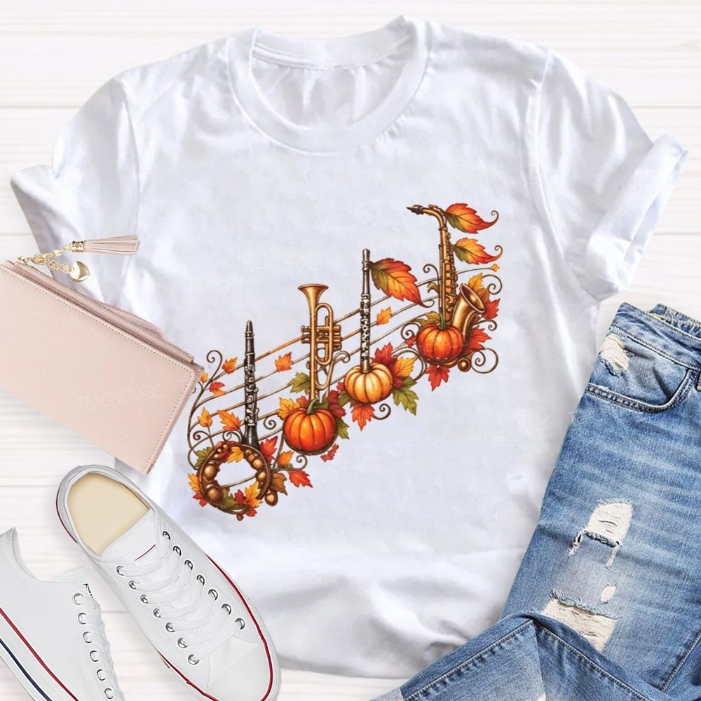 Autumn Pumpkin Maple Leaf Music Teacher T-shirt