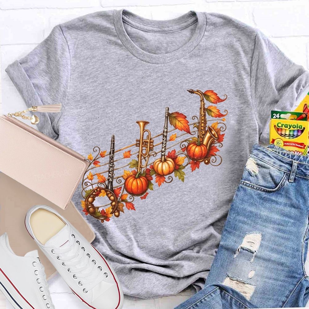 Autumn Pumpkin Maple Leaf Music Teacher T-shirt