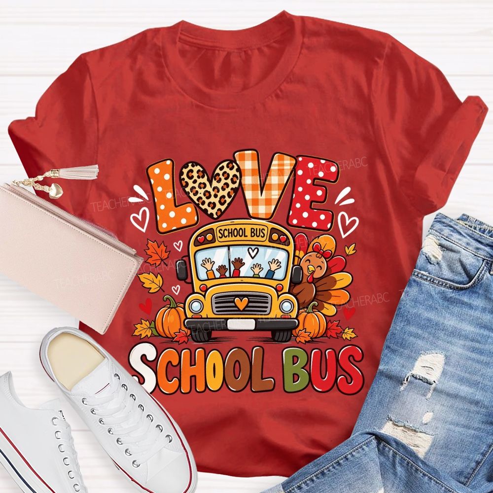 Love School Bus Fall Thanksgiving Leopard Plaid T-shirt
