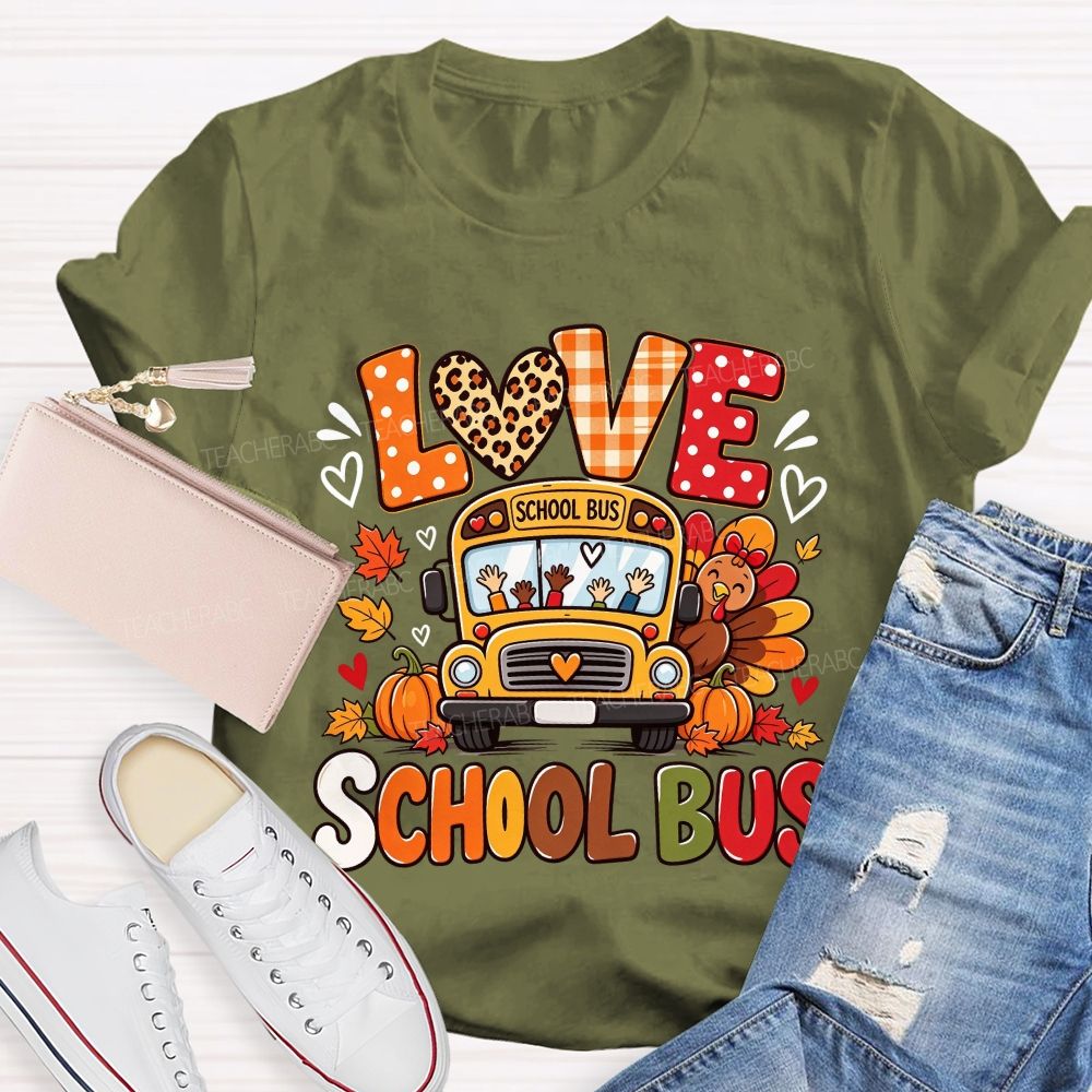 Love School Bus Fall Thanksgiving Leopard Plaid T-shirt