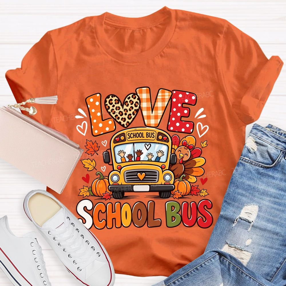 Love School Bus Fall Thanksgiving Leopard Plaid T-shirt