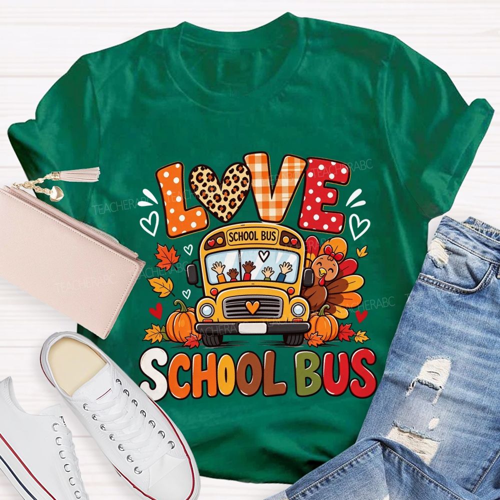 Love School Bus Fall Thanksgiving Leopard Plaid T-shirt