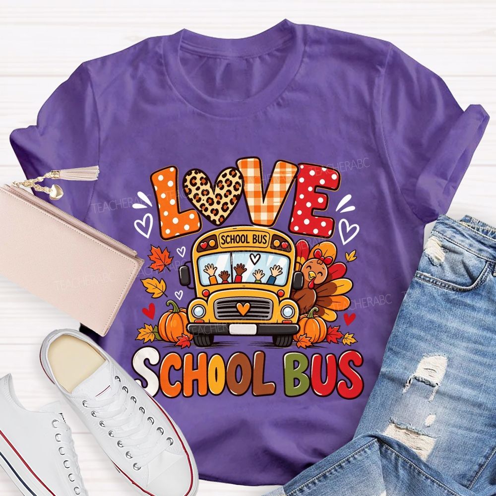 Love School Bus Fall Thanksgiving Leopard Plaid T-shirt