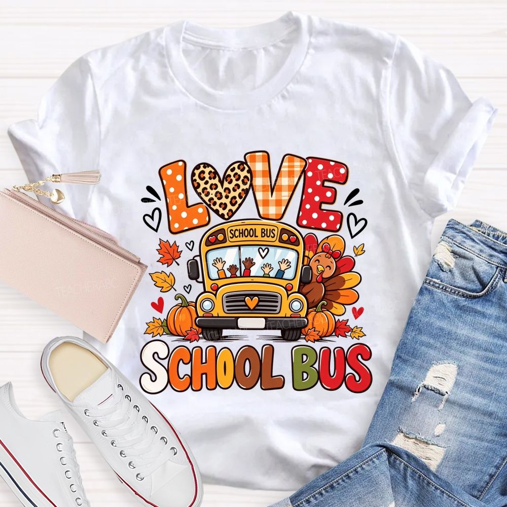 Love School Bus Fall Thanksgiving Leopard Plaid T-shirt