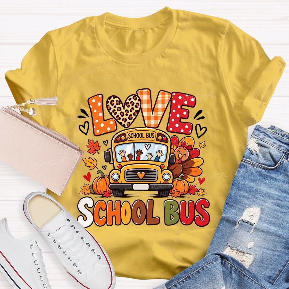 Love School Bus Fall Thanksgiving Leopard Plaid T-shirt