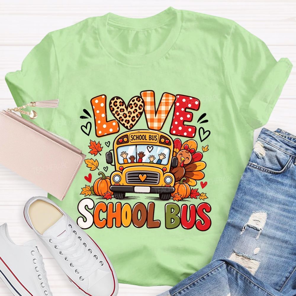 Love School Bus Fall Thanksgiving Leopard Plaid T-shirt