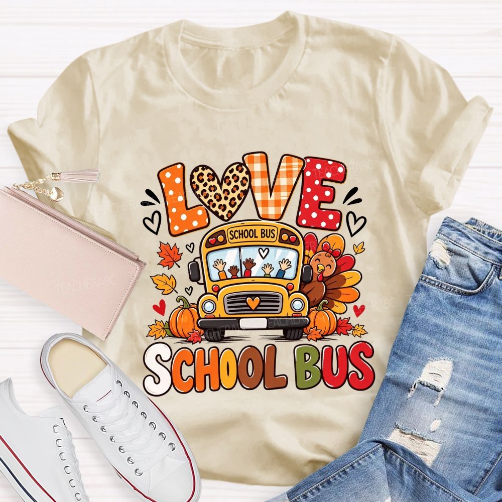 Love School Bus Fall Thanksgiving Leopard Plaid T-shirt