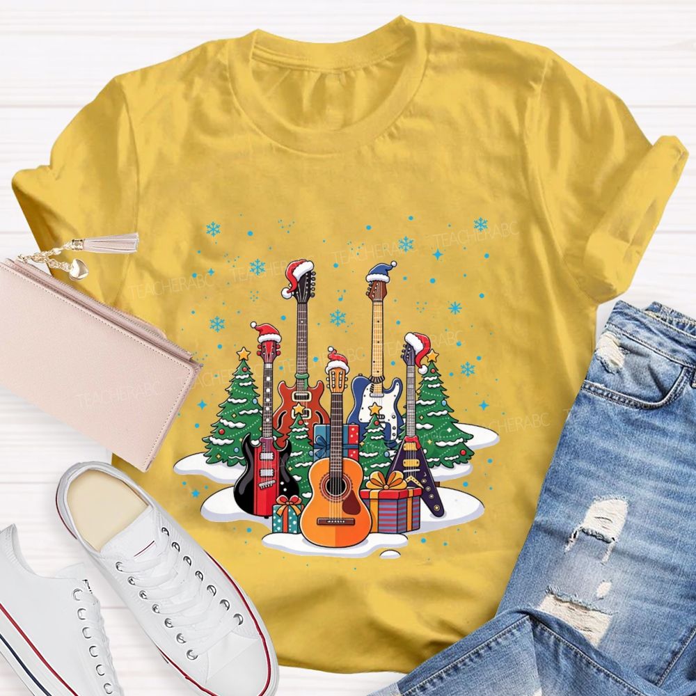 Festive Santa Hat Guitars Christmas Art Teacher T-shirt