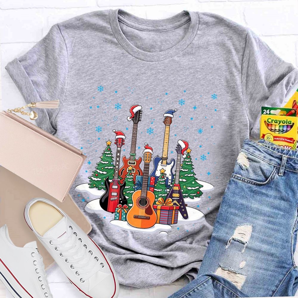 Festive Santa Hat Guitars Christmas Art Teacher T-shirt