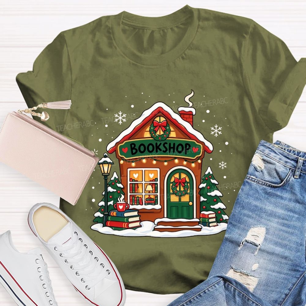 Winter Snow Bookshop House Book Lover Teacher T-shirt
