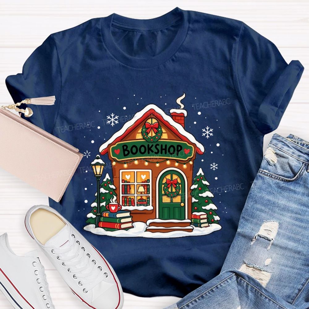 Winter Snow Bookshop House Book Lover Teacher T-shirt