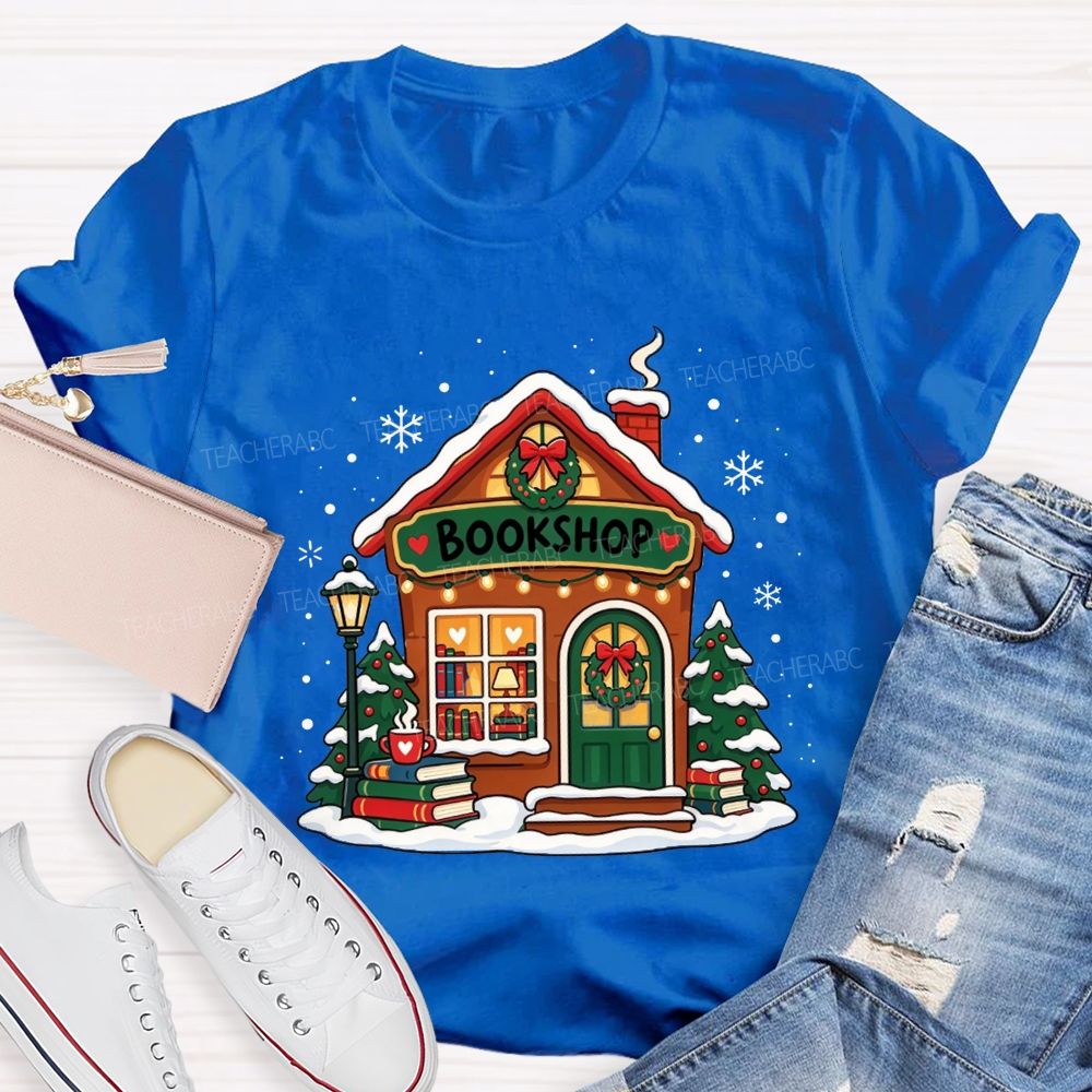 Winter Snow Bookshop House Book Lover Teacher T-shirt