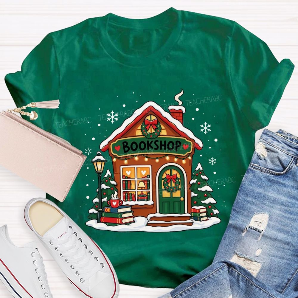 Winter Snow Bookshop House Book Lover Teacher T-shirt