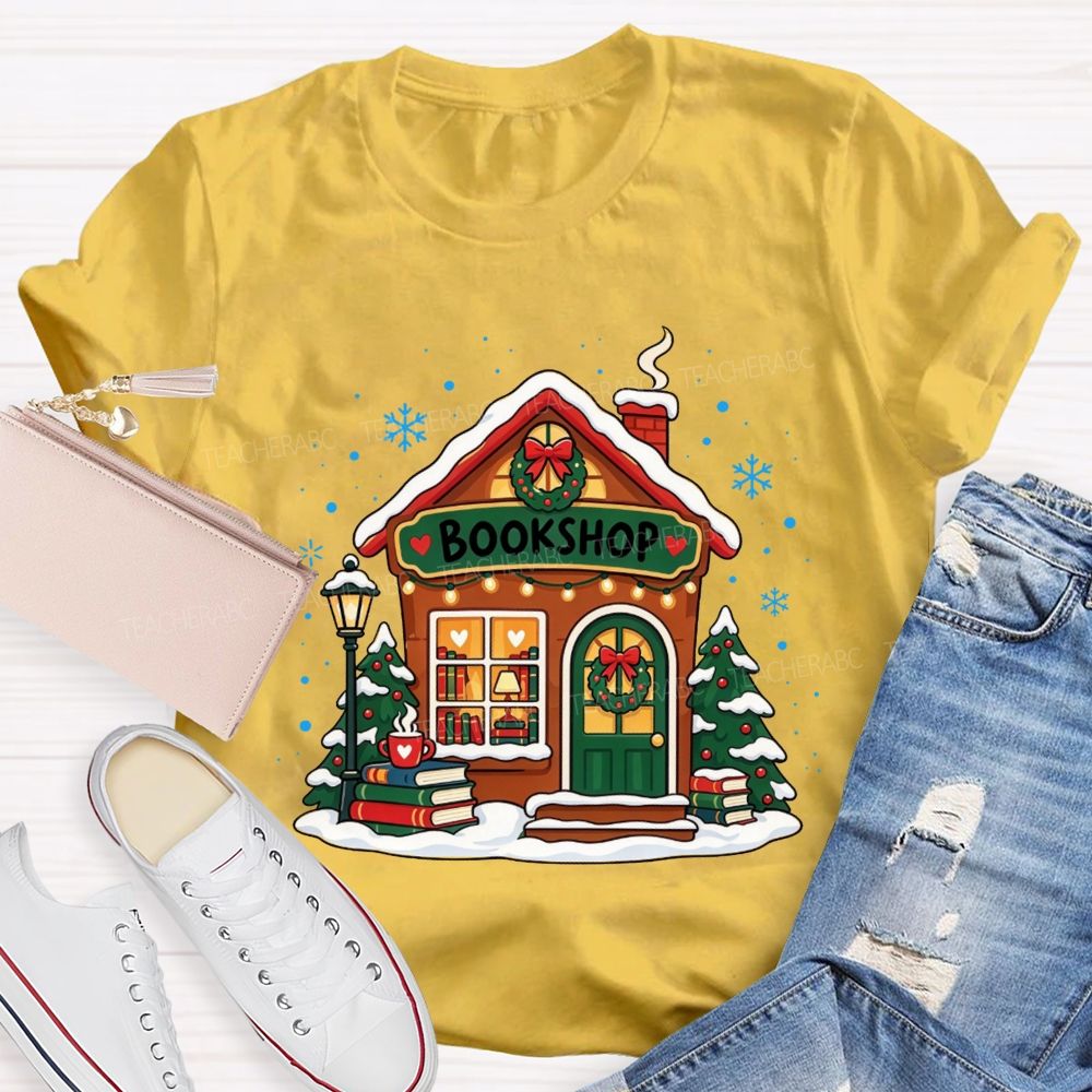 Winter Snow Bookshop House Book Lover Teacher T-shirt