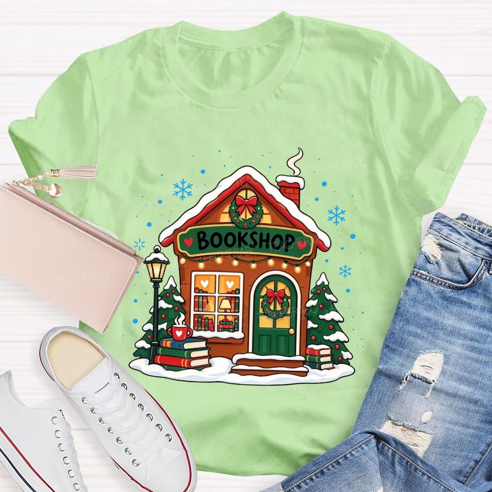 Winter Snow Bookshop House Book Lover Teacher T-shirt