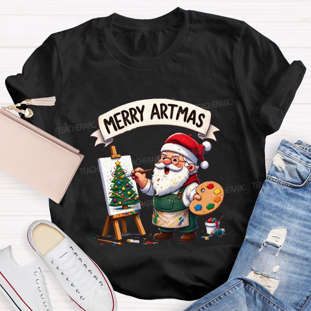 Merry Artmas Santa Claus painting a picture Teacher T-shirt