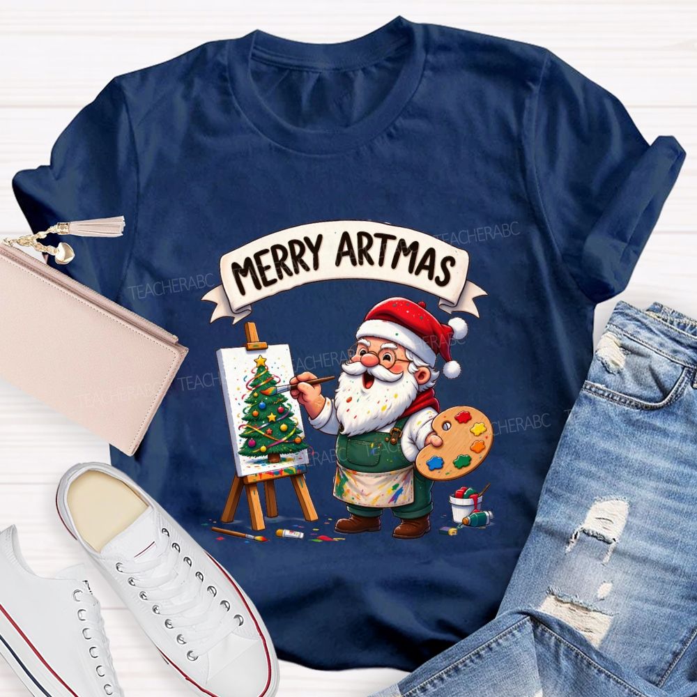 Merry Artmas Santa Claus painting a picture Teacher T-shirt