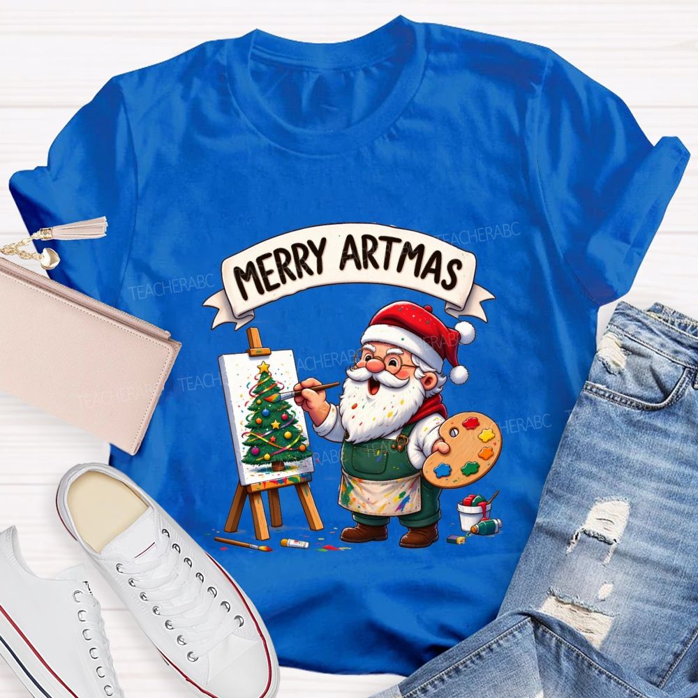 Merry Artmas Santa Claus painting a picture Teacher T-shirt