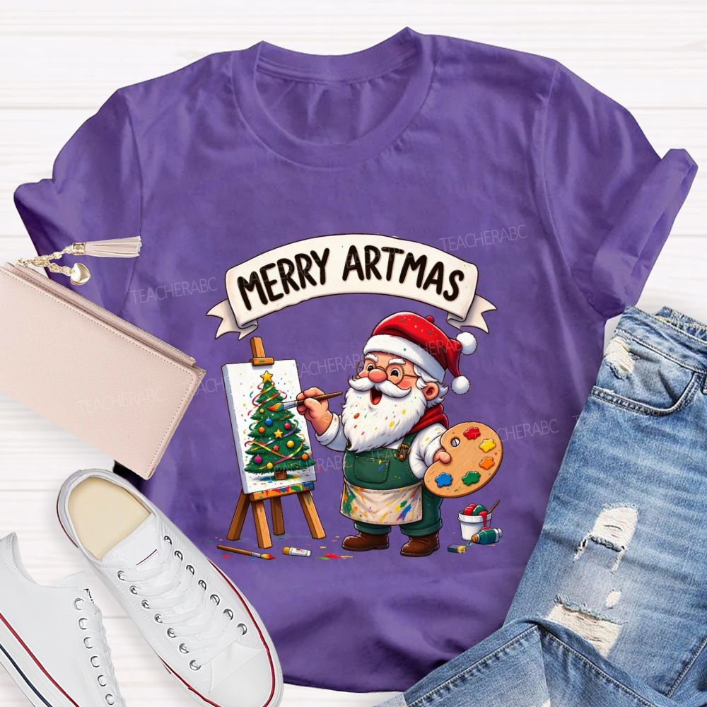 Merry Artmas Santa Claus painting a picture Teacher T-shirt