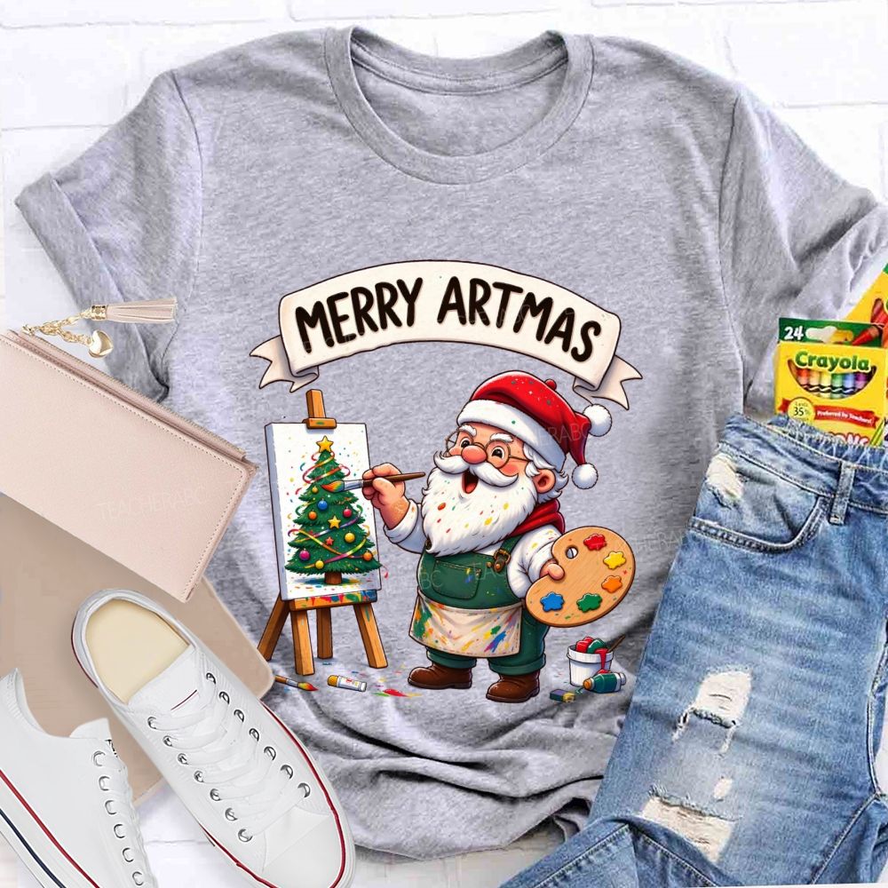 Merry Artmas Santa Claus painting a picture Teacher T-shirt
