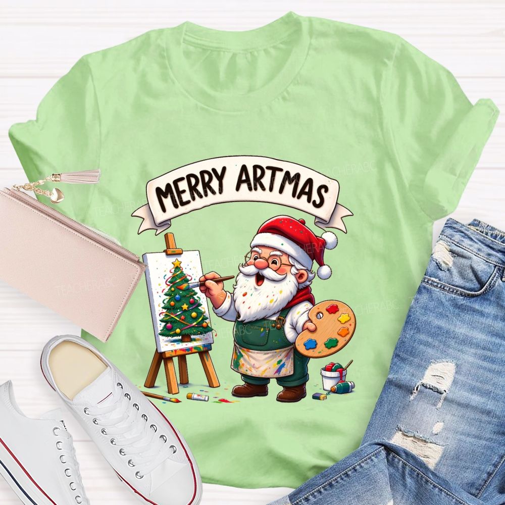 Merry Artmas Santa Claus painting a picture Teacher T-shirt