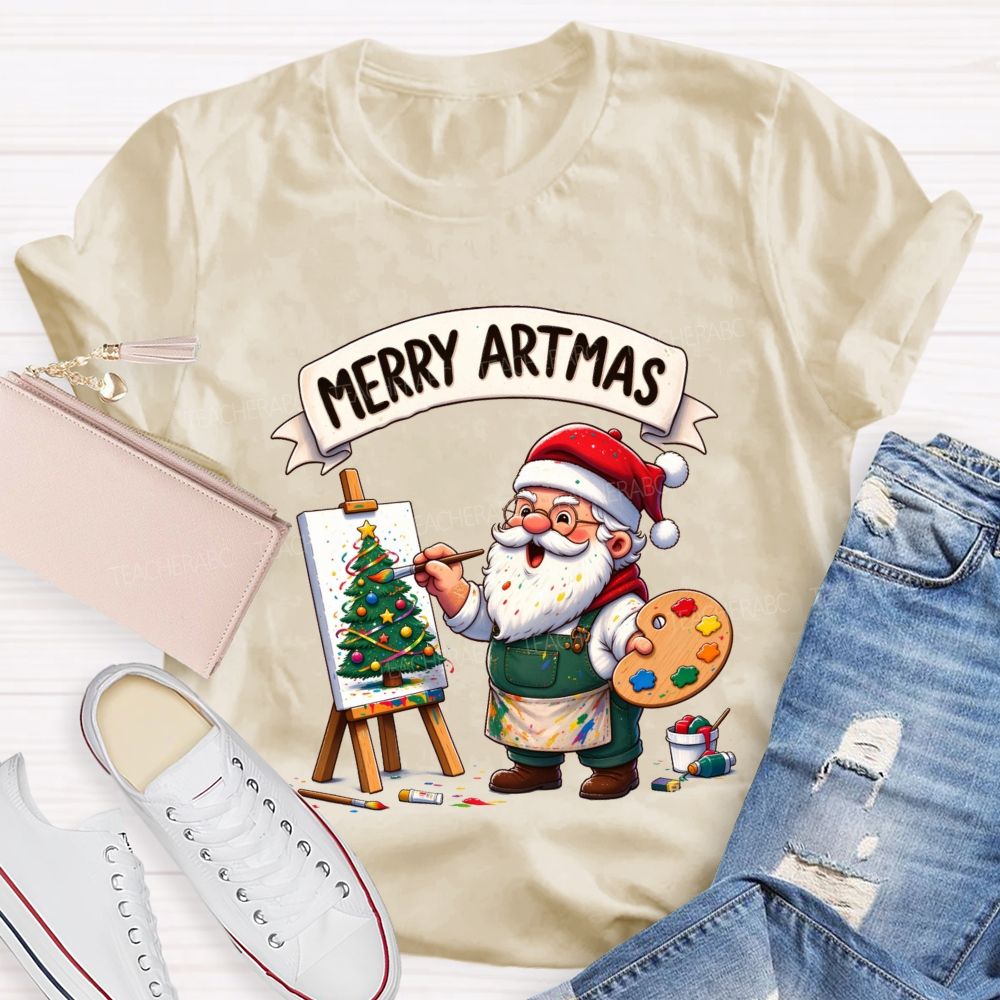 Merry Artmas Santa Claus painting a picture Teacher T-shirt