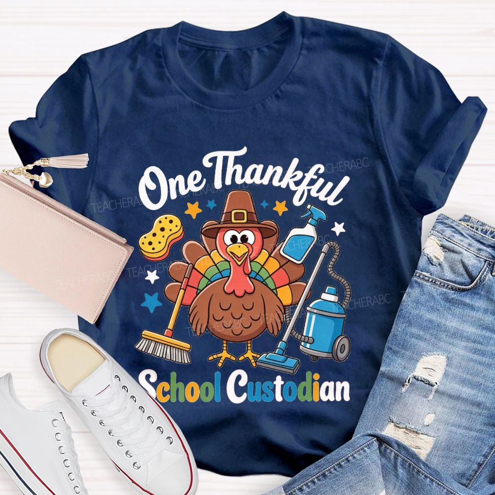 One Thankful School Custodian Thanksgiving Turkey Teacher T-shirt