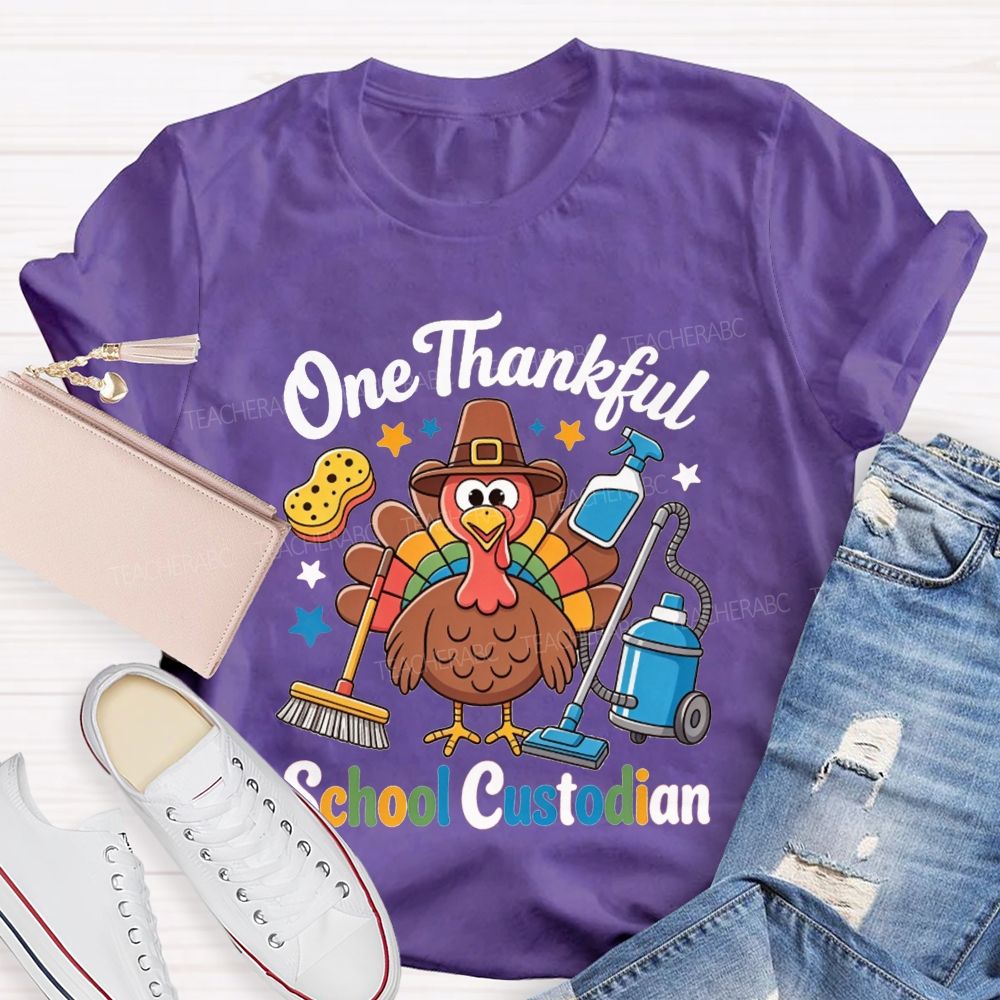 One Thankful School Custodian Thanksgiving Turkey Teacher T-shirt