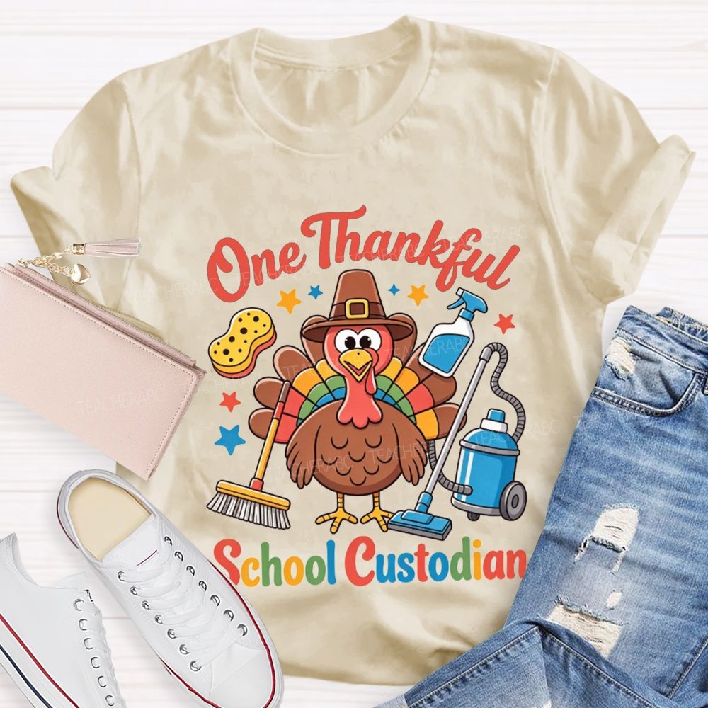 One Thankful School Custodian Thanksgiving Turkey Teacher T-shirt