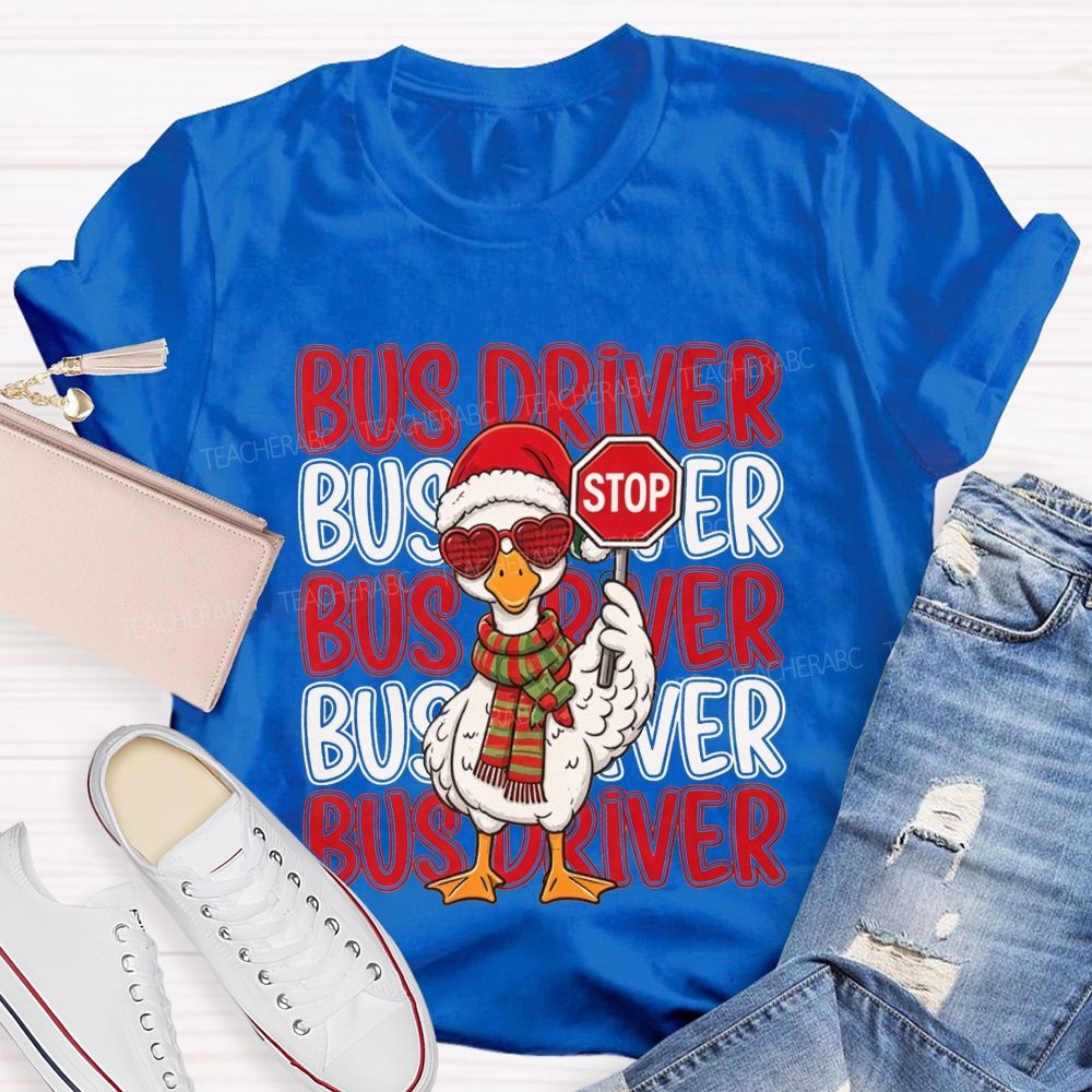 Bus Driver Christmas Duck Santa Duck Holding Stop T-shirt